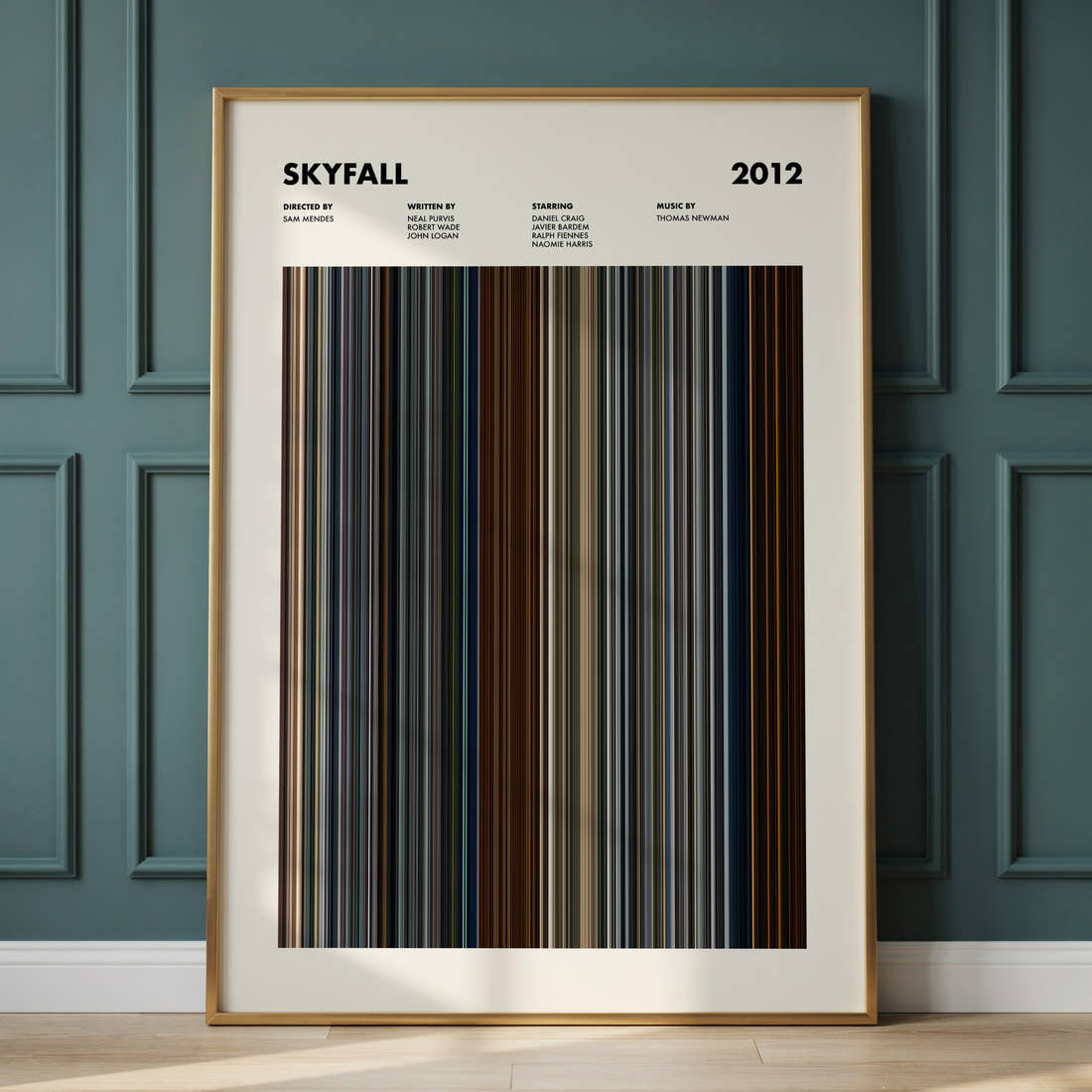 Skyfall Movie Barcode Poster framed and leaning against a panelled wall