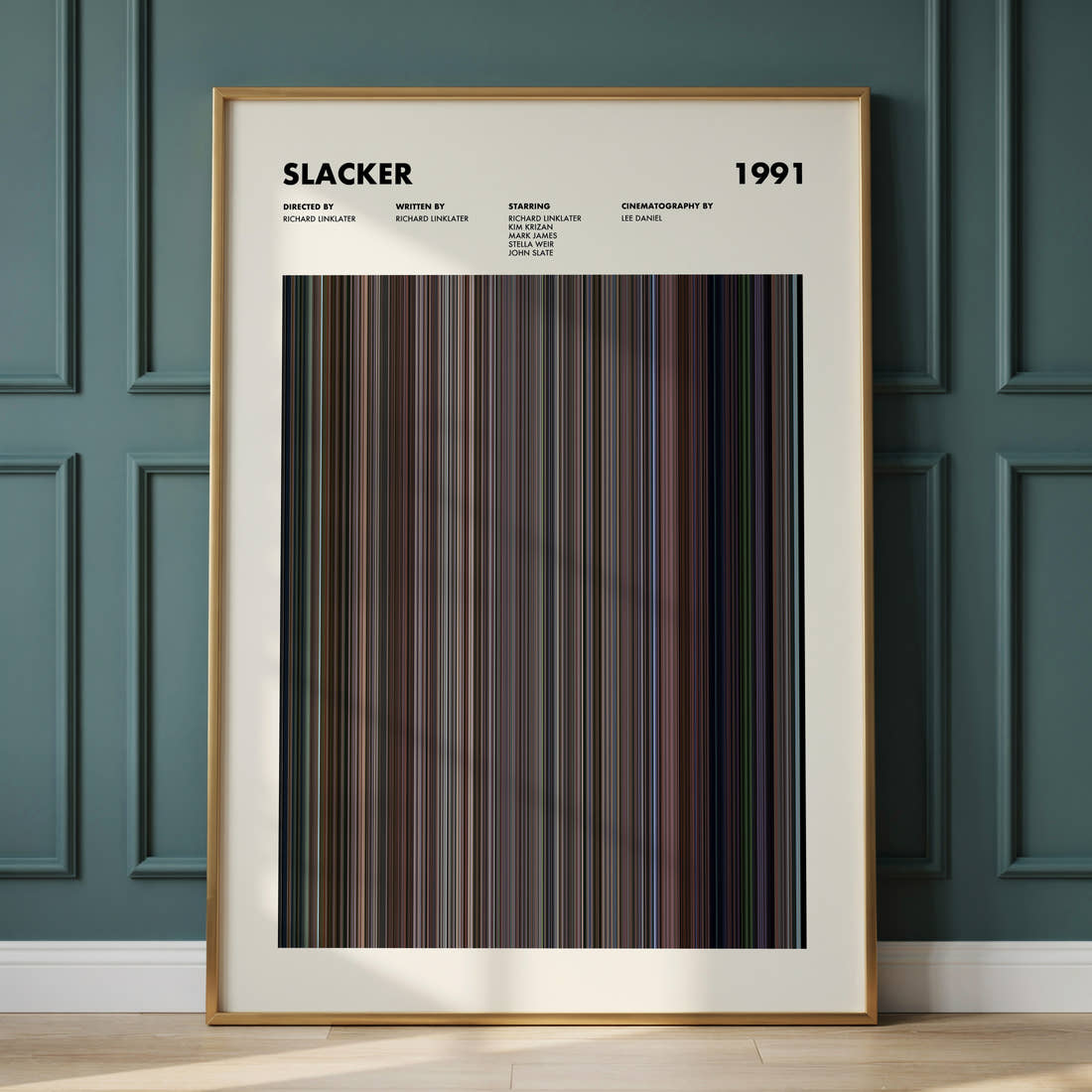 Slacker Movie Barcode Poster framed and leaning against a panelled wall