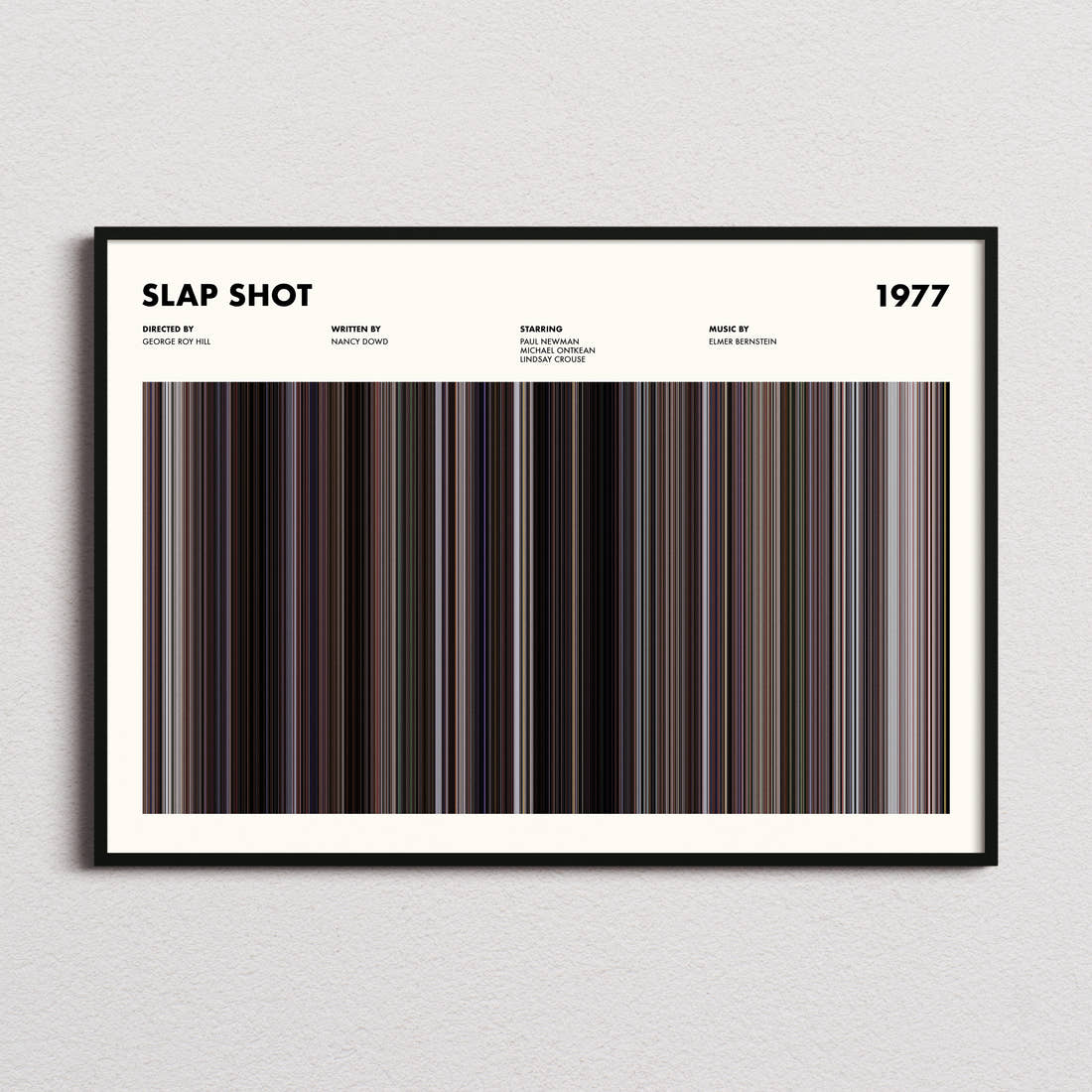 Slap Shot Movie Barcode Poster framed and photographed straight on