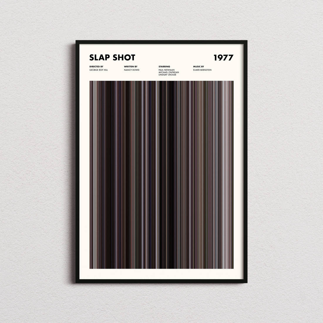 Slap Shot Movie Barcode Poster framed on a plain studio wall