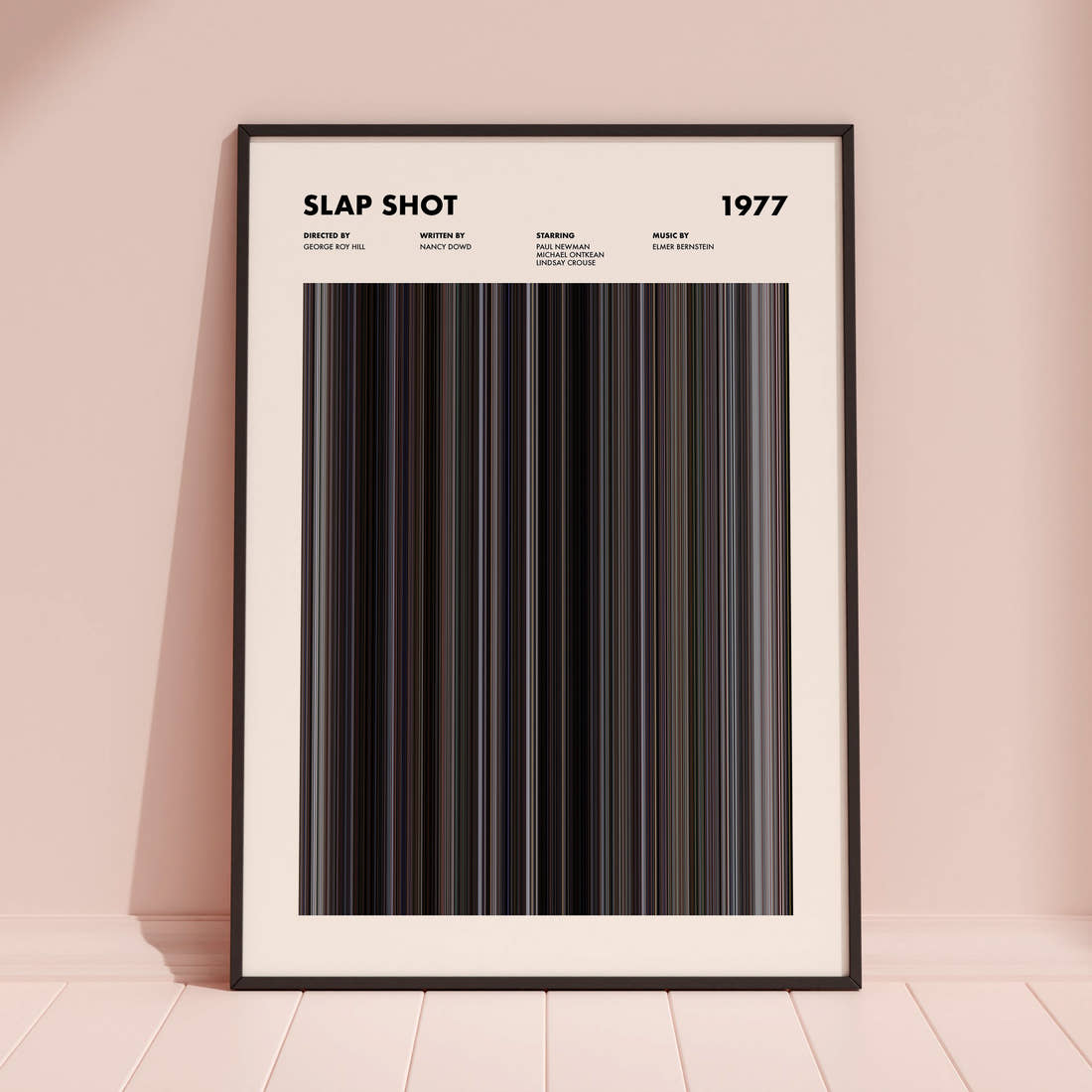 Slap Shot Movie Barcode Poster framed and leaning against a coloured wall