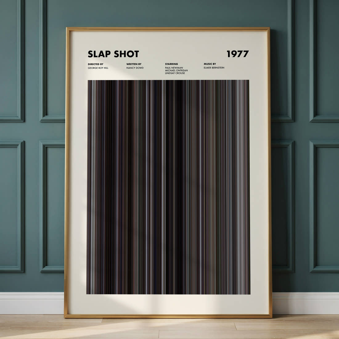 Slap Shot Movie Barcode Poster framed and leaning against a panelled wall