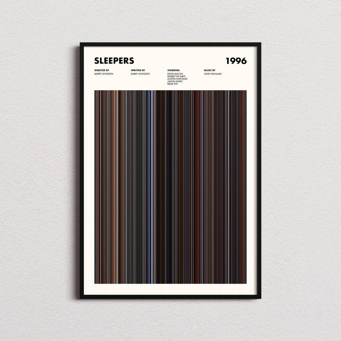 Sleepers Movie Barcode Poster framed on a plain studio wall