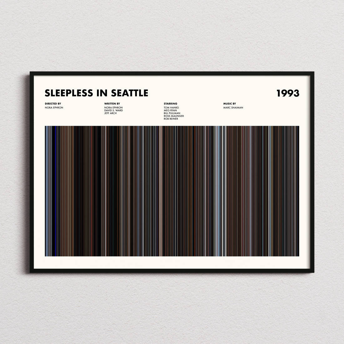 Sleepless In Seattle Movie Barcode Poster framed and photographed straight on