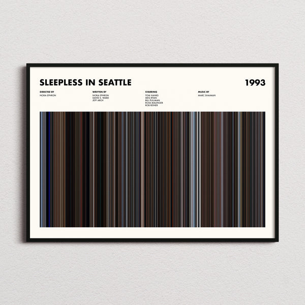 Sleepless In Seattle Movie Barcode Poster framed and photographed straight on