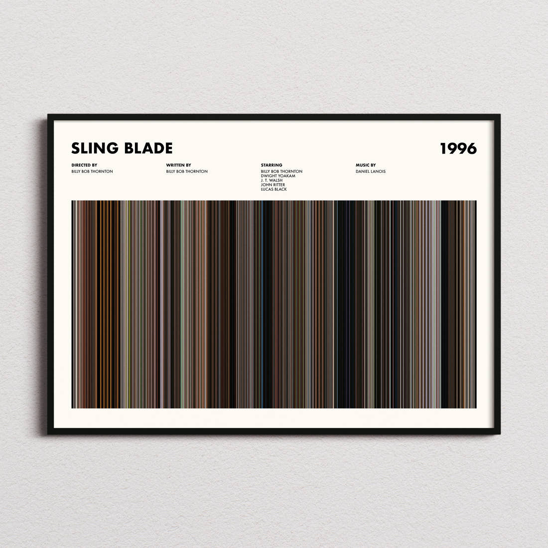 Sling Blade Movie Barcode Poster framed and photographed straight on
