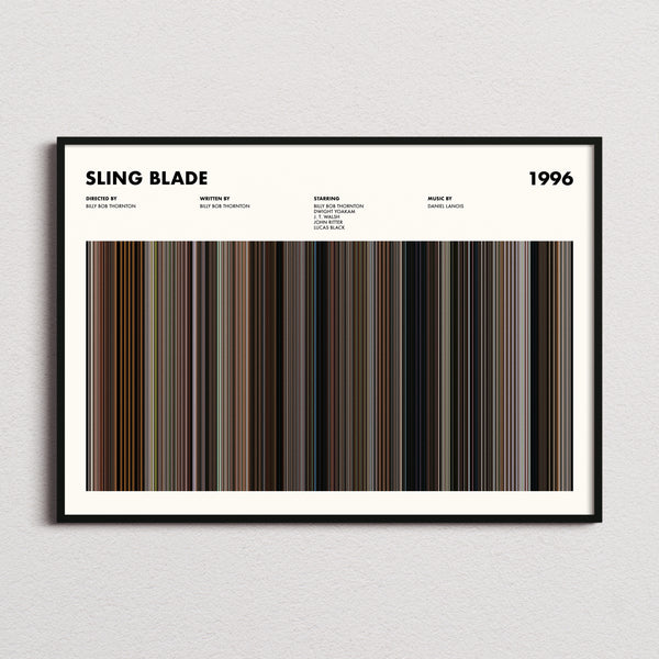 Sling Blade Movie Barcode Poster framed and photographed straight on