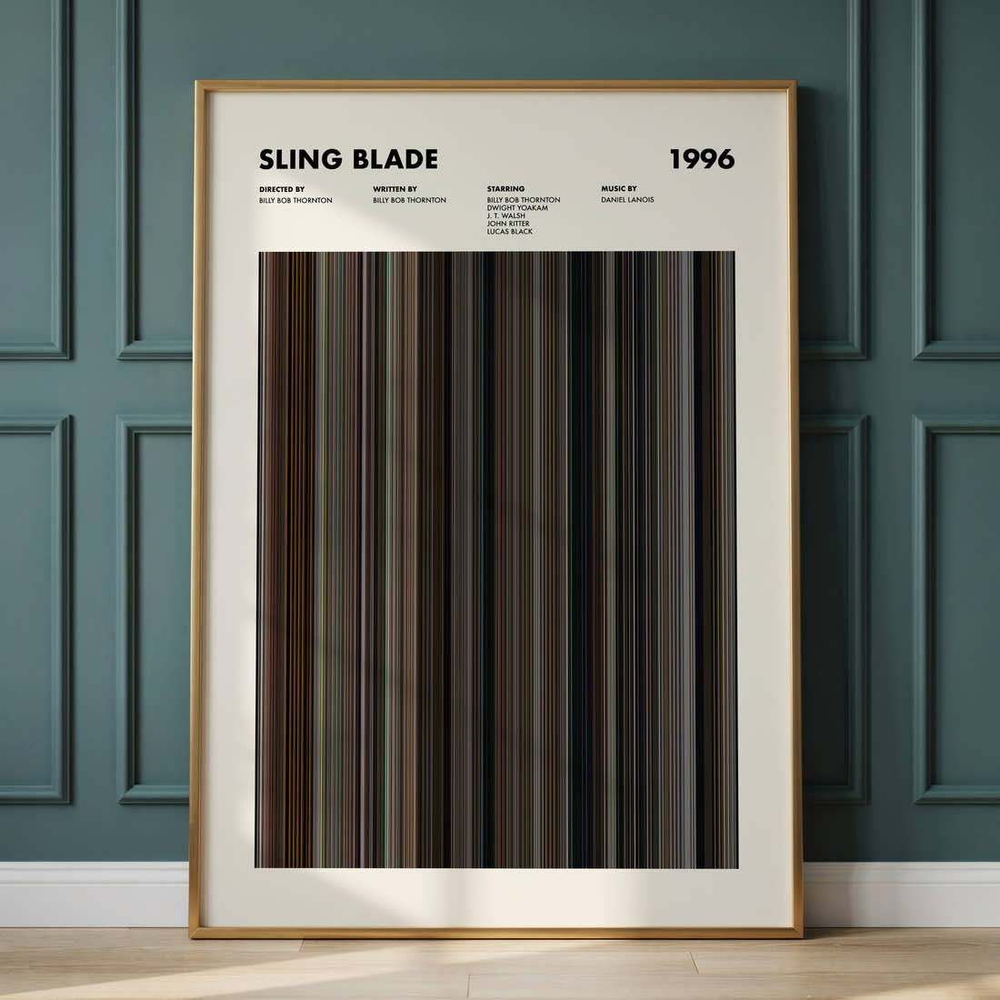 Sling Blade Movie Barcode Poster framed and leaning against a panelled wall