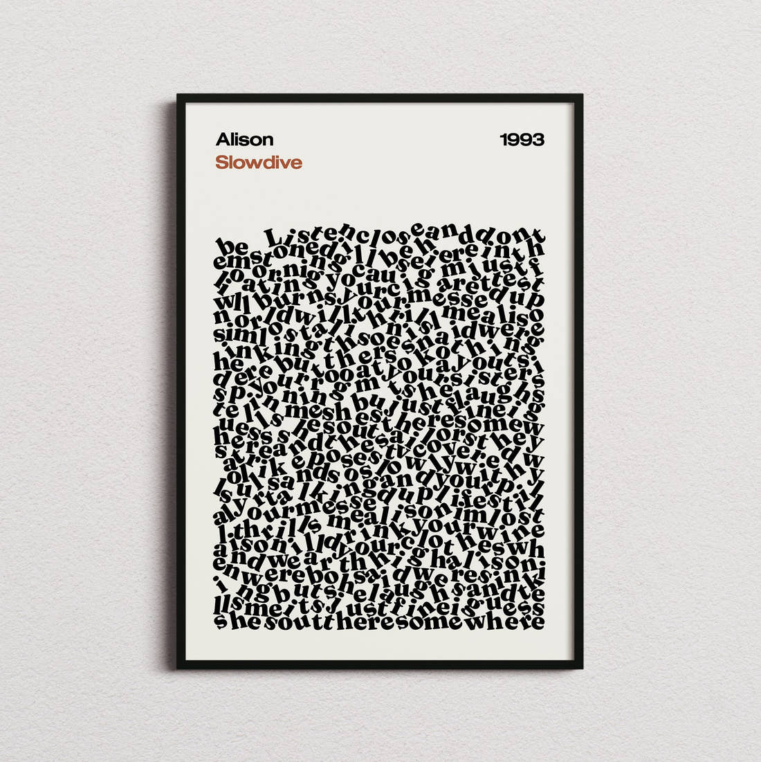 Slowdive Alison Lyric Print in the cream colourway, framed