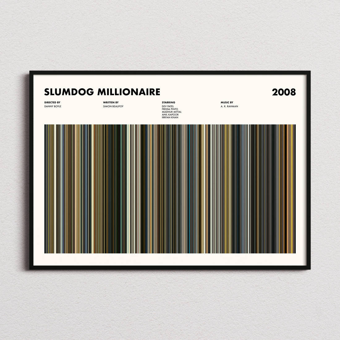 Slumdog Millionaire Movie Barcode Poster framed and photographed straight on