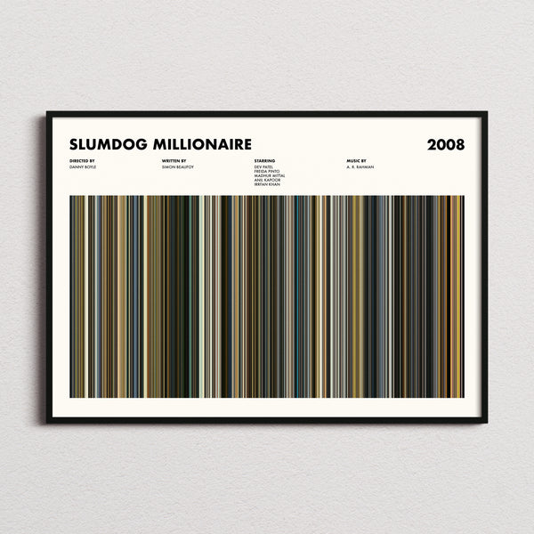 Slumdog Millionaire Movie Barcode Poster framed and photographed straight on