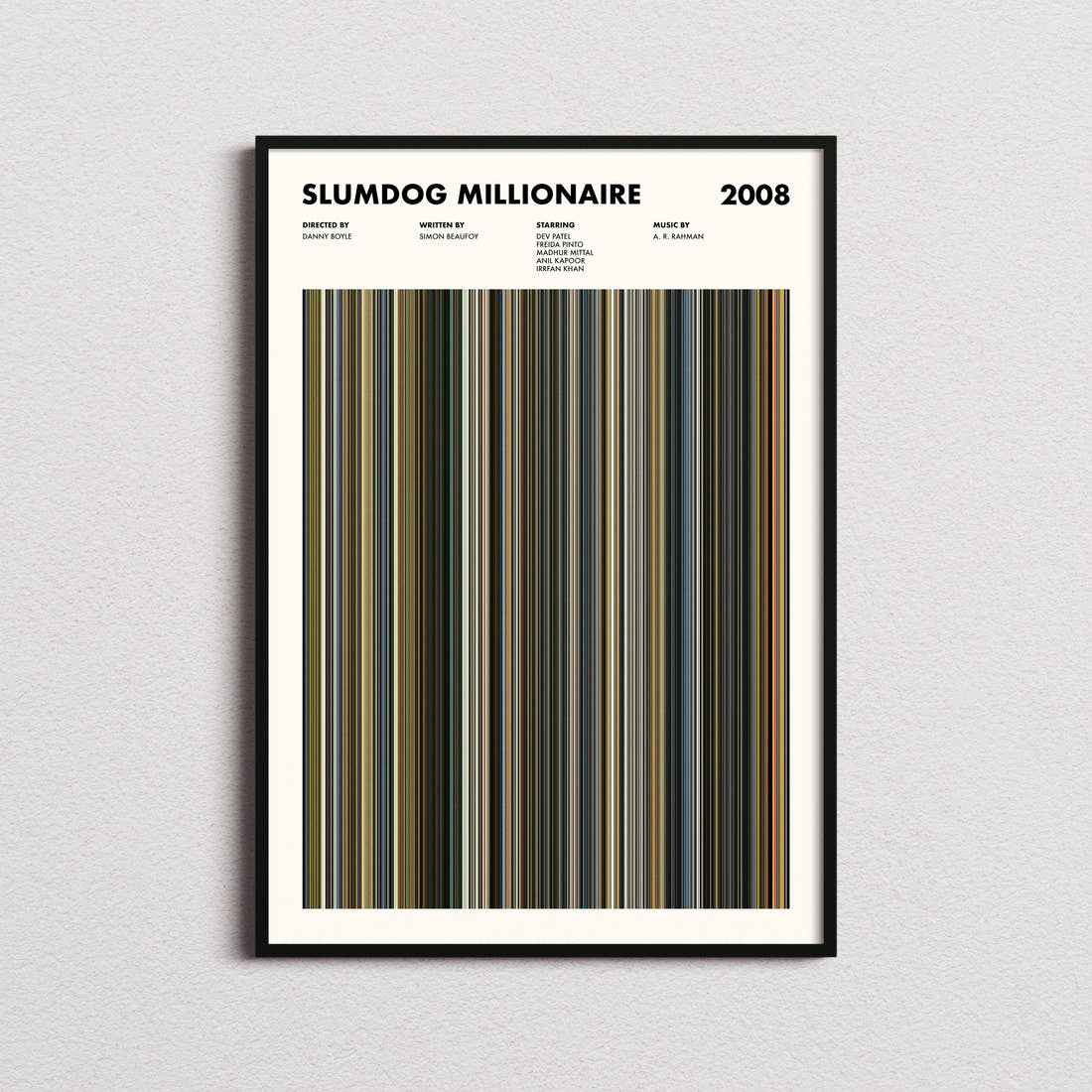 Slumdog Millionaire Movie Barcode Poster framed on a plain studio wall