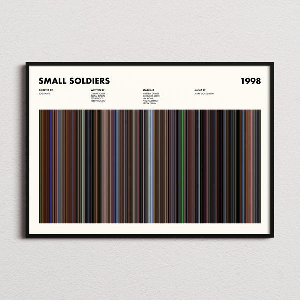 Small Soldiers Movie Barcode Poster framed and photographed straight on