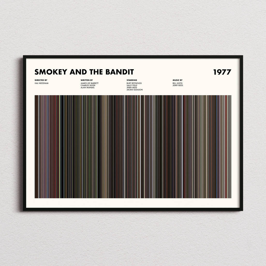 Smokey And The Bandit Movie Barcode Poster framed and photographed straight on