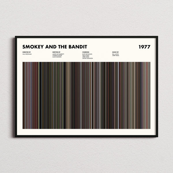 Smokey And The Bandit Movie Barcode Poster framed and photographed straight on