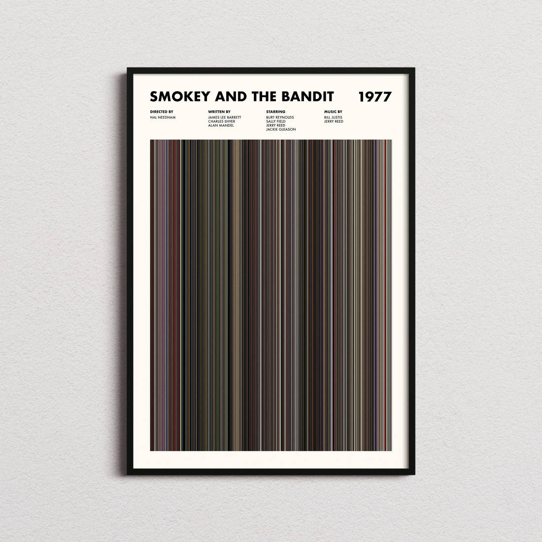 Smokey And The Bandit Movie Barcode Poster framed on a plain studio wall