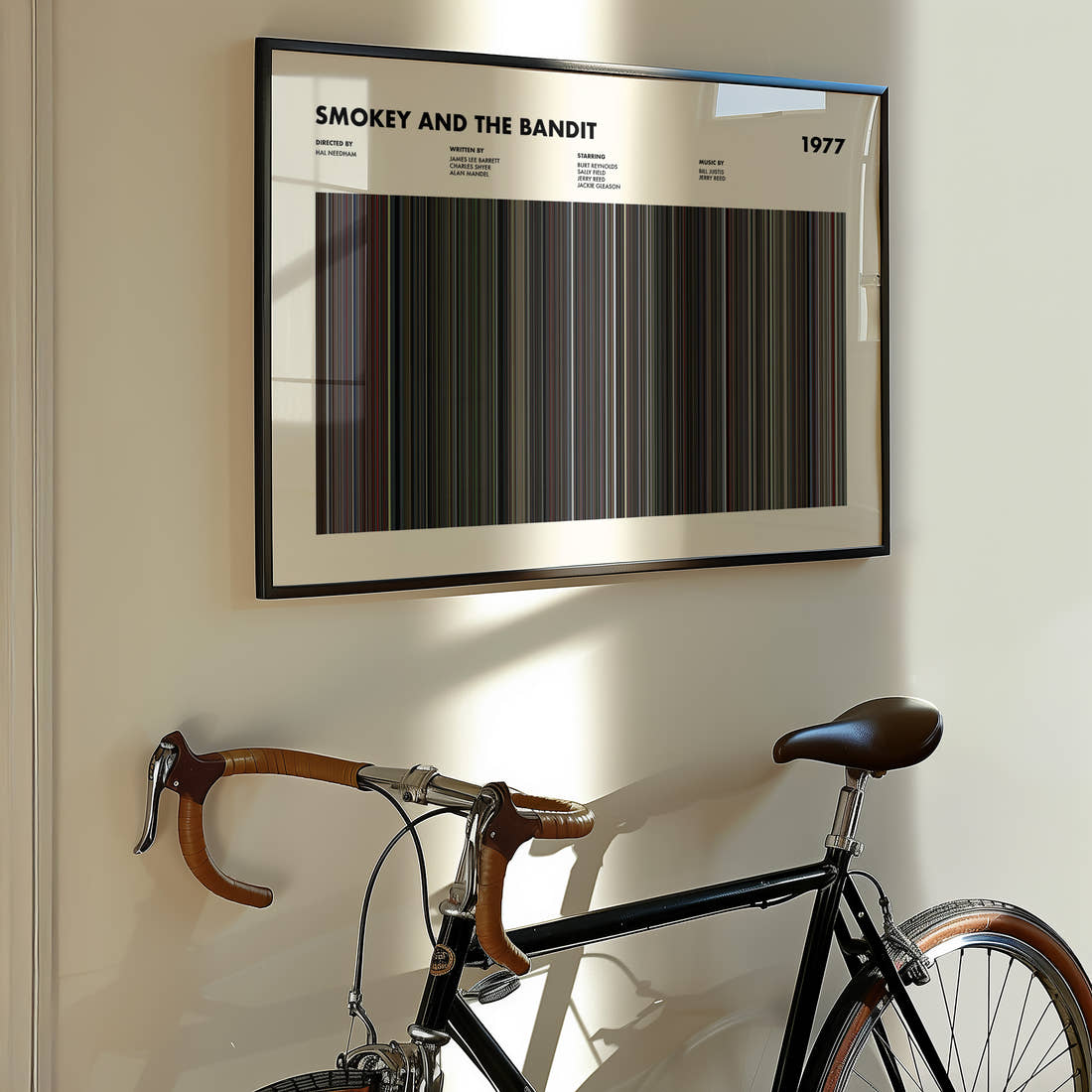 Smokey And The Bandit Movie Barcode Poster framed on the wall of a styled room setting