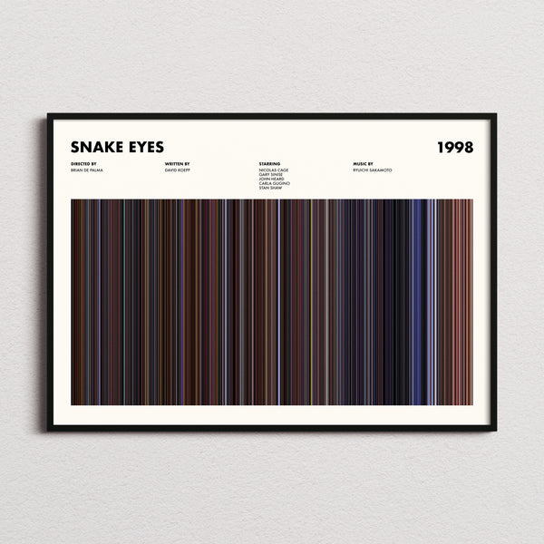 Snake Eyes Movie Barcode Poster framed and photographed straight on