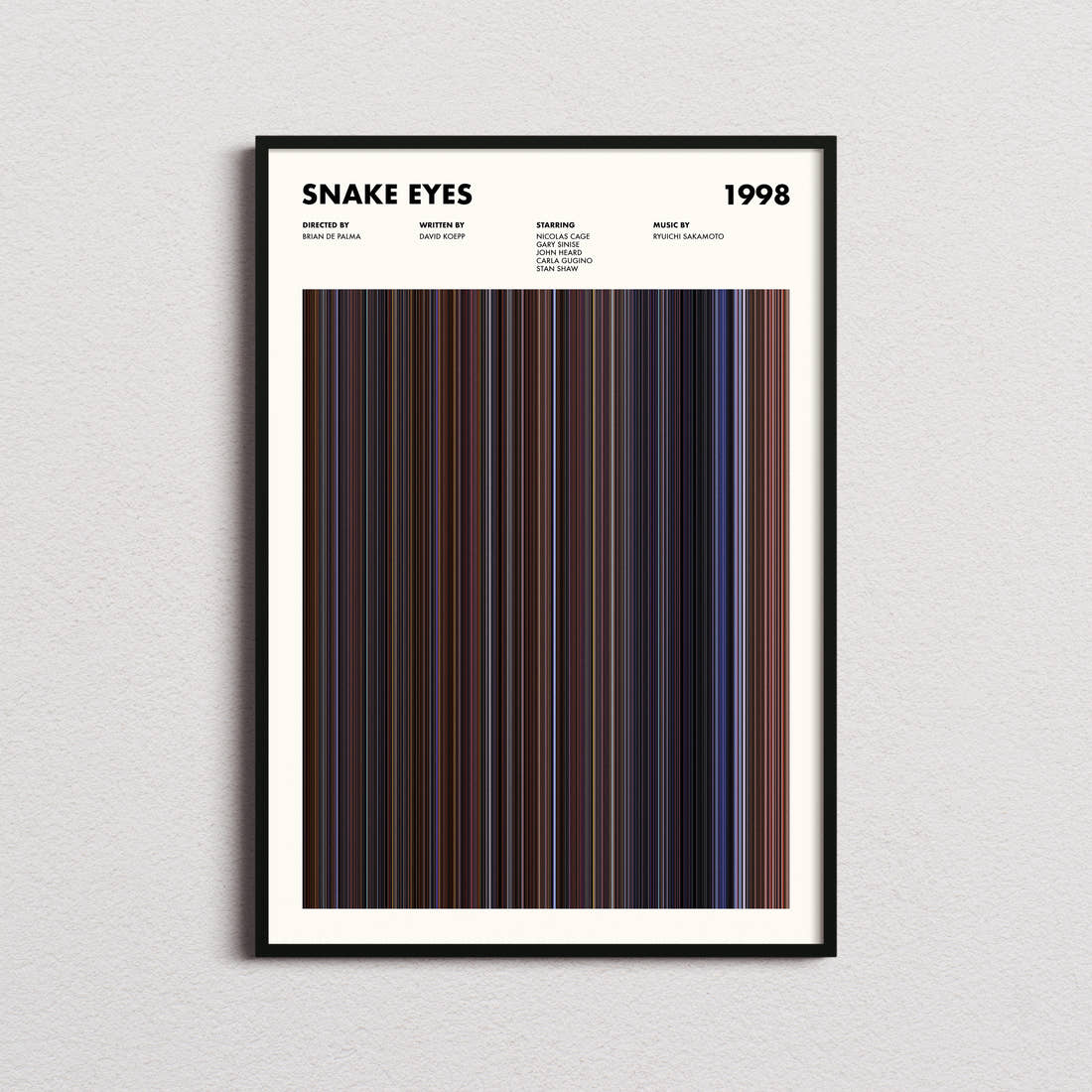 Snake Eyes Movie Barcode Poster framed on a plain studio wall