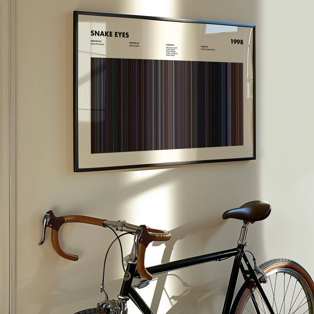 Snake Eyes Movie Barcode Poster framed on the wall of a styled room setting