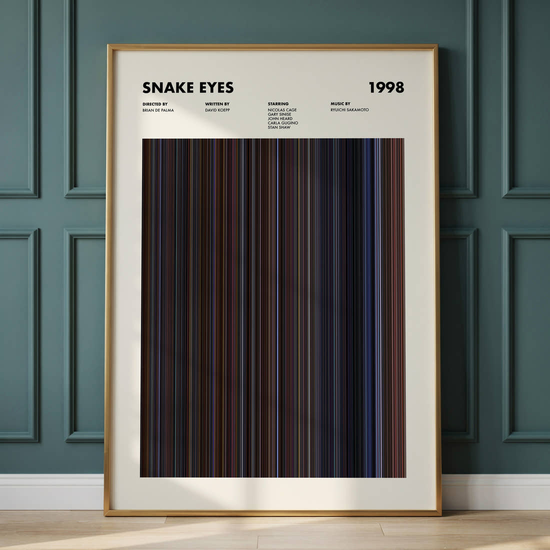 Snake Eyes Movie Barcode Poster framed and leaning against a panelled wall