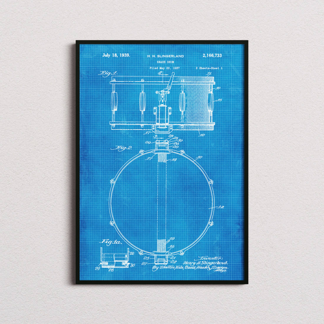 Snare Drum Patent Print in the blueprint colourway, framed