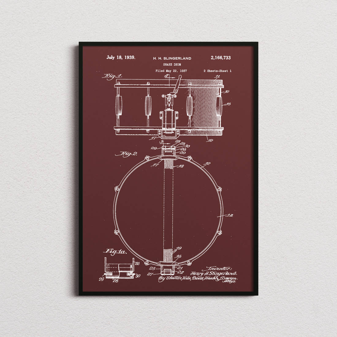 Snare Drum Patent Print in the burgundy colourway, framed