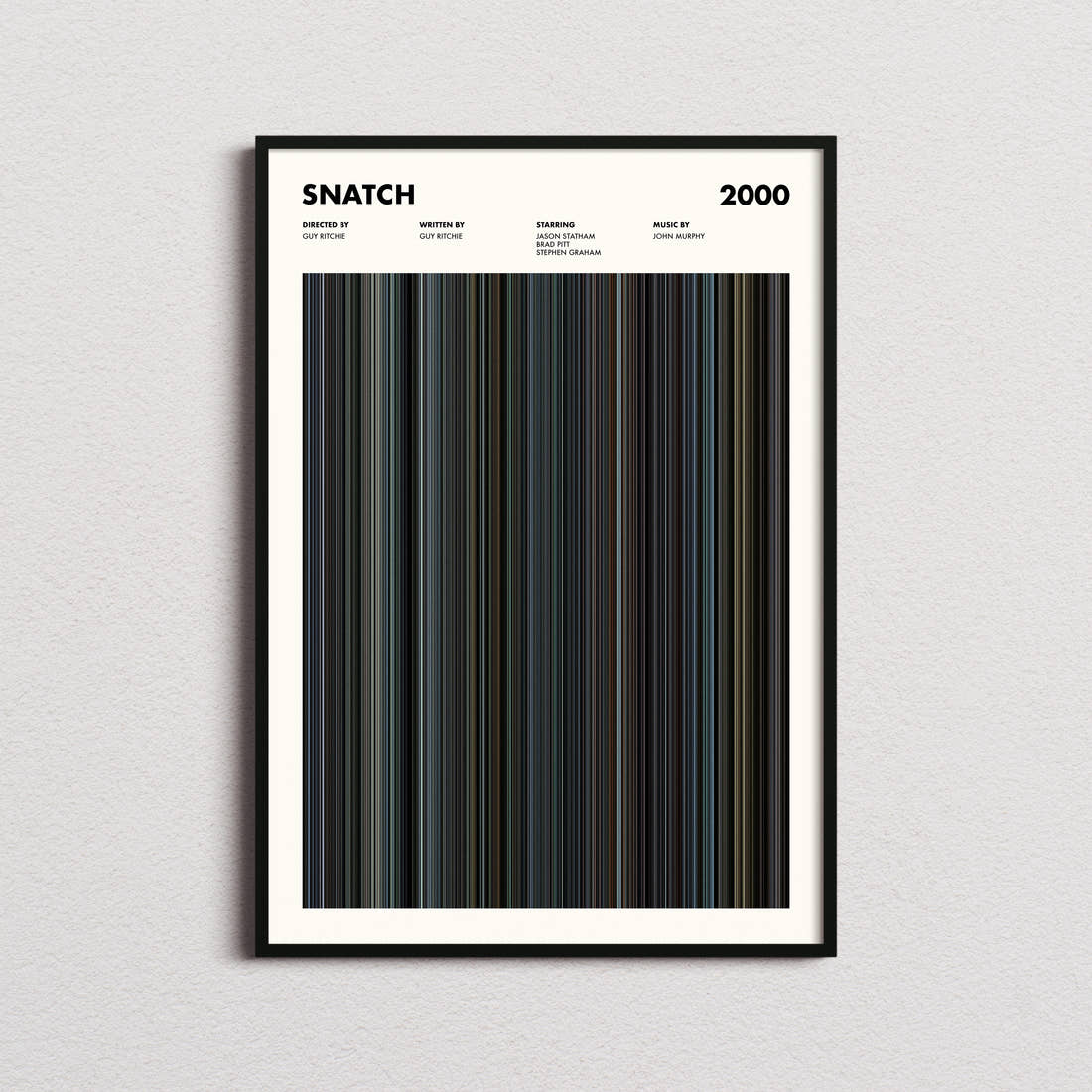 Snatch Movie Barcode Poster framed on a plain studio wall