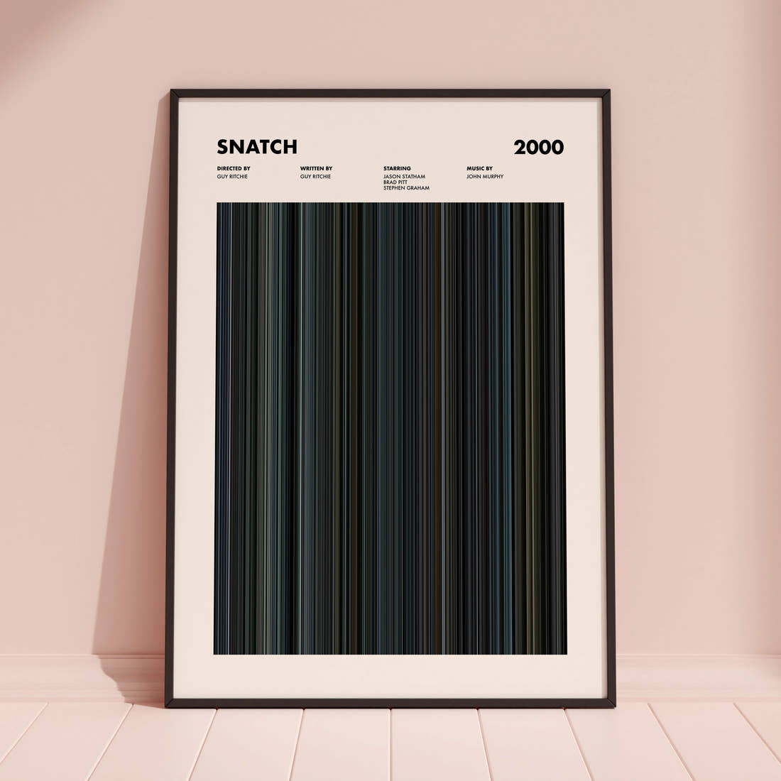 Snatch Movie Barcode Poster framed and leaning against a coloured wall