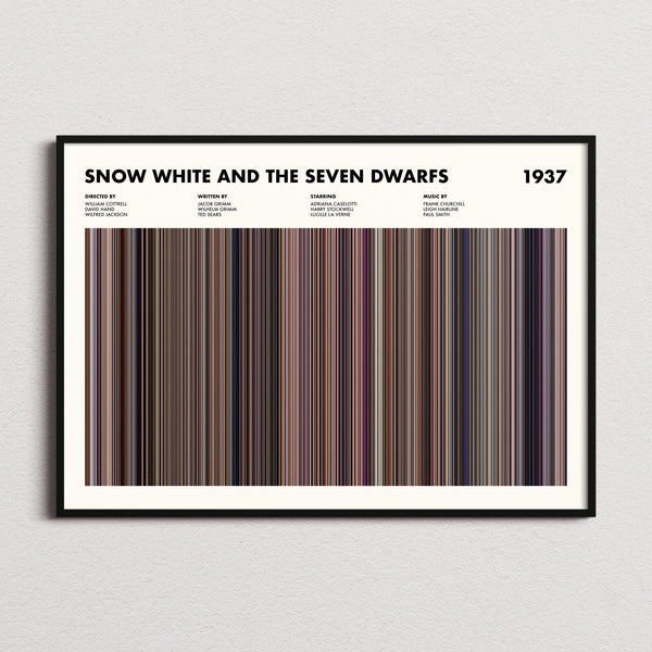 Snow White and the Seven Dwarfs Movie Barcode Poster framed and photographed straight on