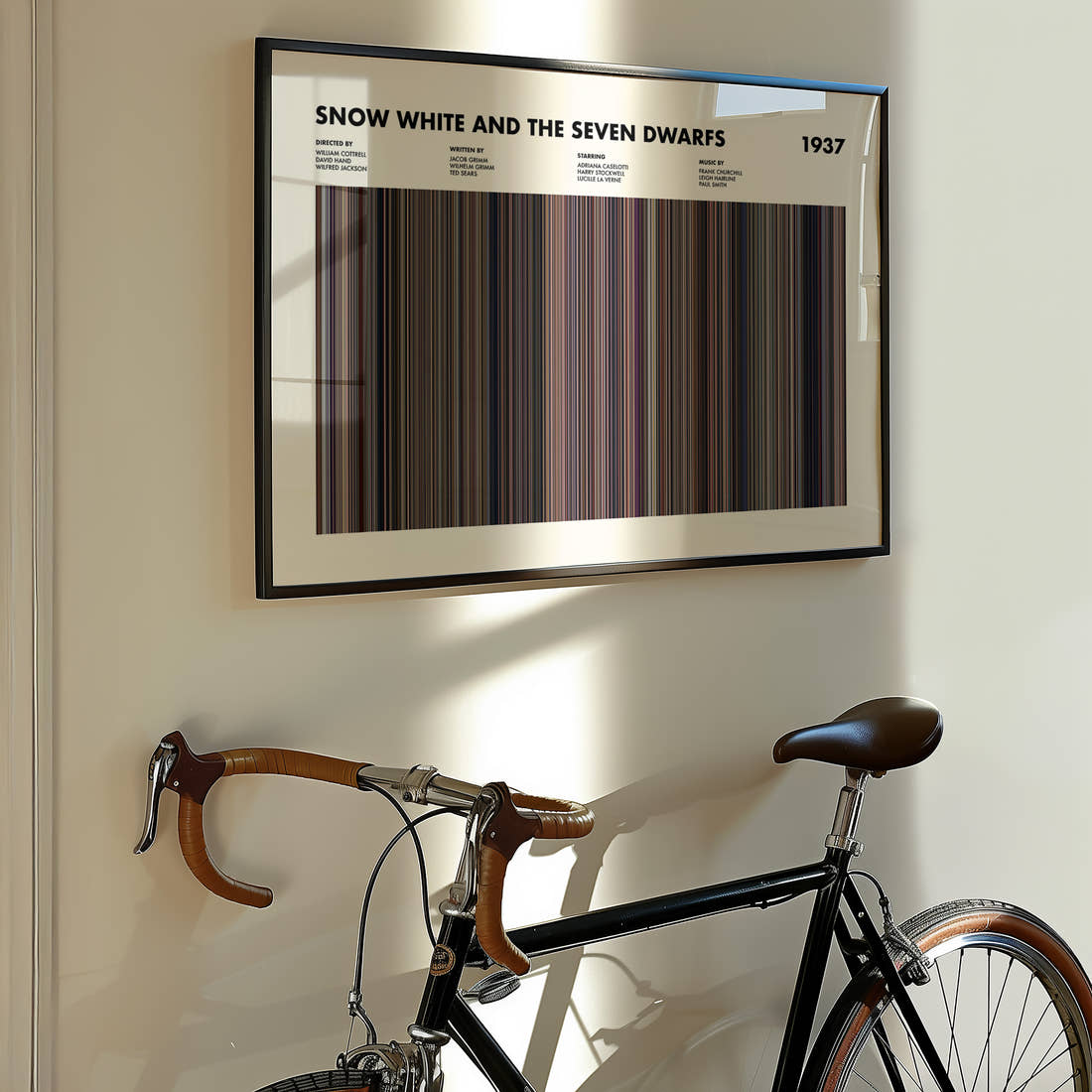 Snow White and the Seven Dwarfs Movie Barcode Poster framed on the wall of a styled room setting