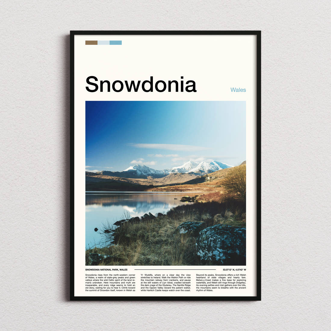 Snowdonia Snow-Capped Mountain Reflection Travel Print framed and photographed straight on