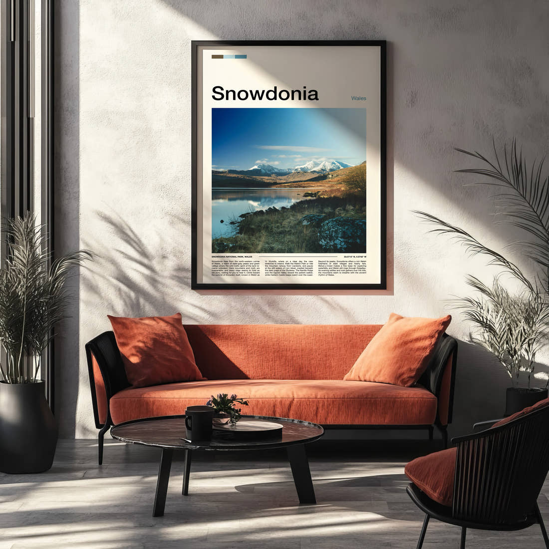 Snowdonia Snow-Capped Mountain Reflection Travel Print framed on the wall of a modern living room