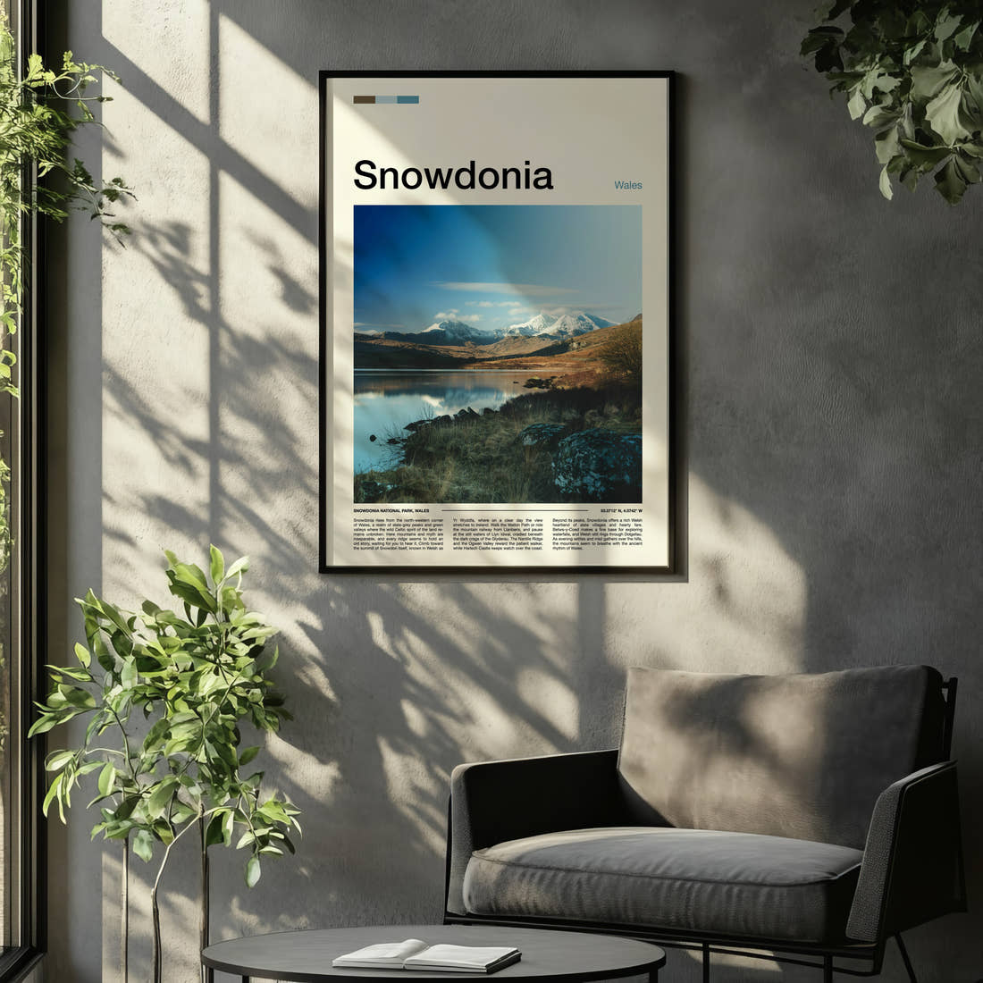 Snowdonia Snow-Capped Mountain Reflection Travel Print framed on the wall of a relaxed living room