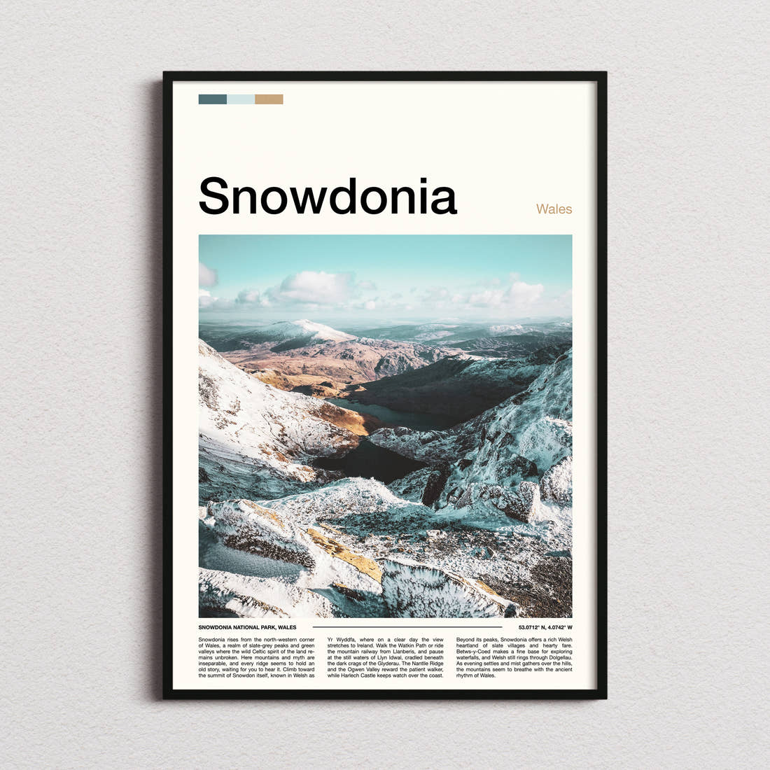 Snowdonia Snow-Capped Ridge Valley Travel Print framed and photographed straight on