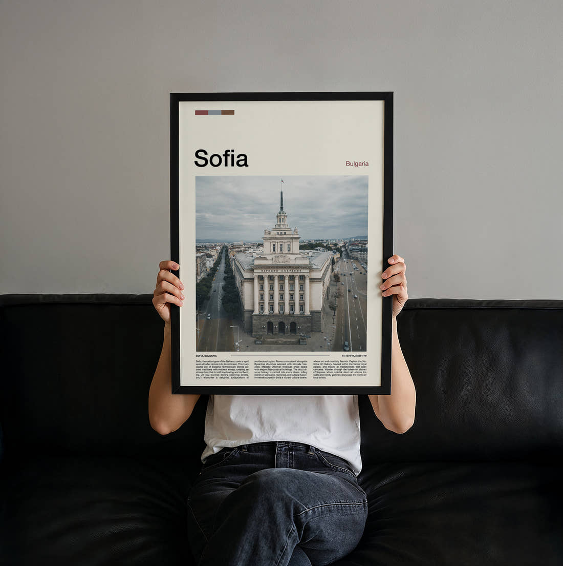 Sofia Government Building Travel Print held up by hand to show the size of the print