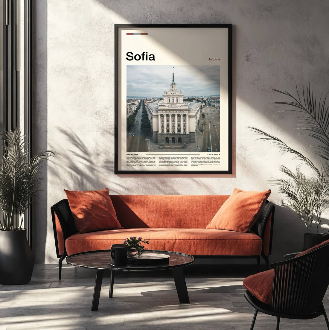 Sofia Government Building Travel Print framed on the wall of a modern living room