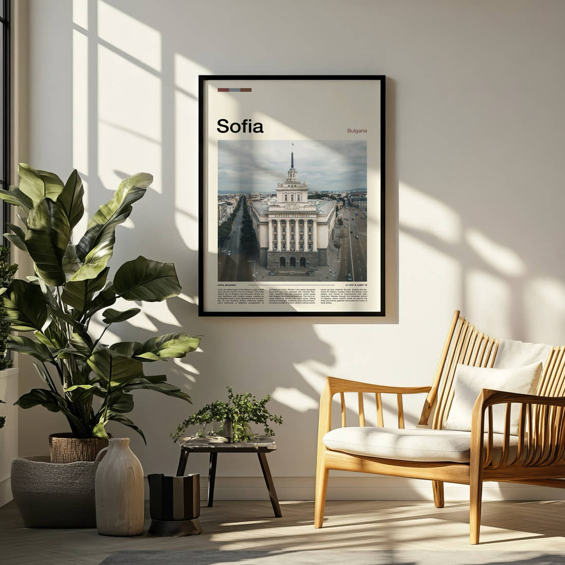 Sofia Government Building Travel Print framed on a pale wall beside houseplants
