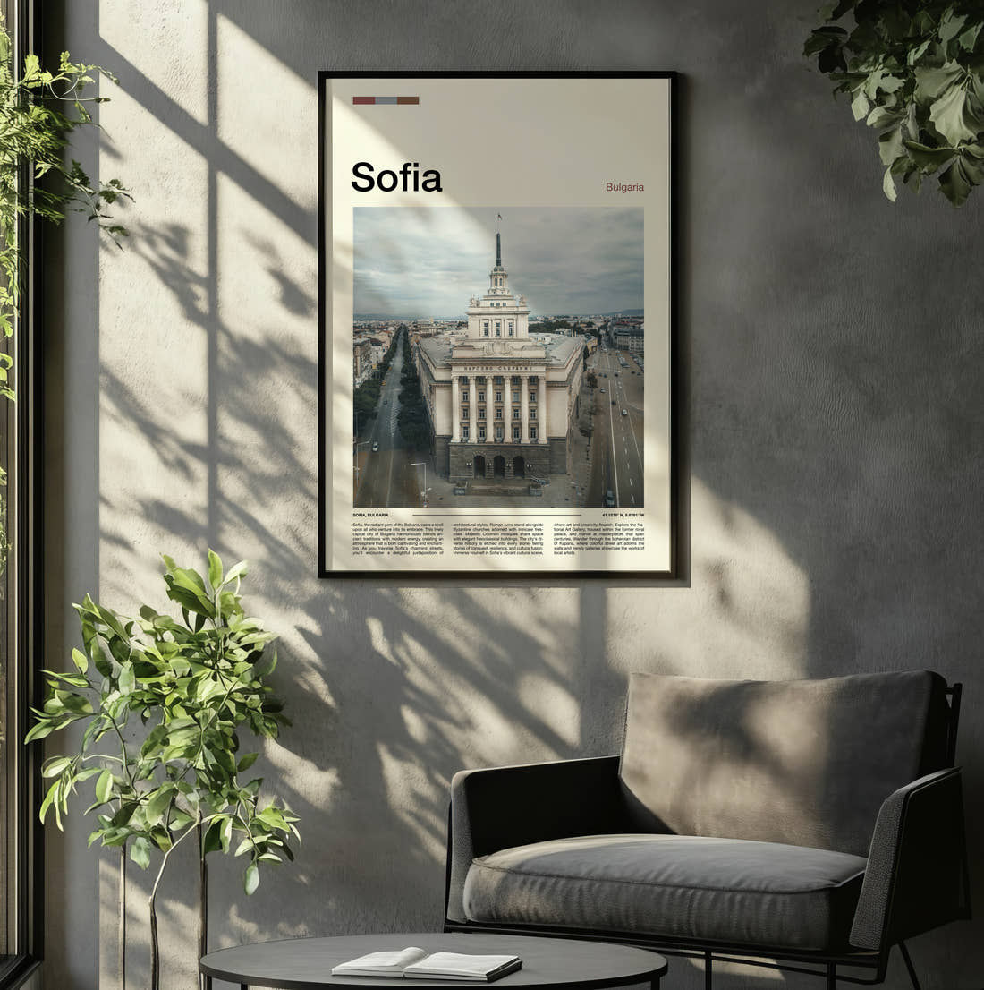 Sofia Government Building Travel Print framed on the wall of a relaxed living room