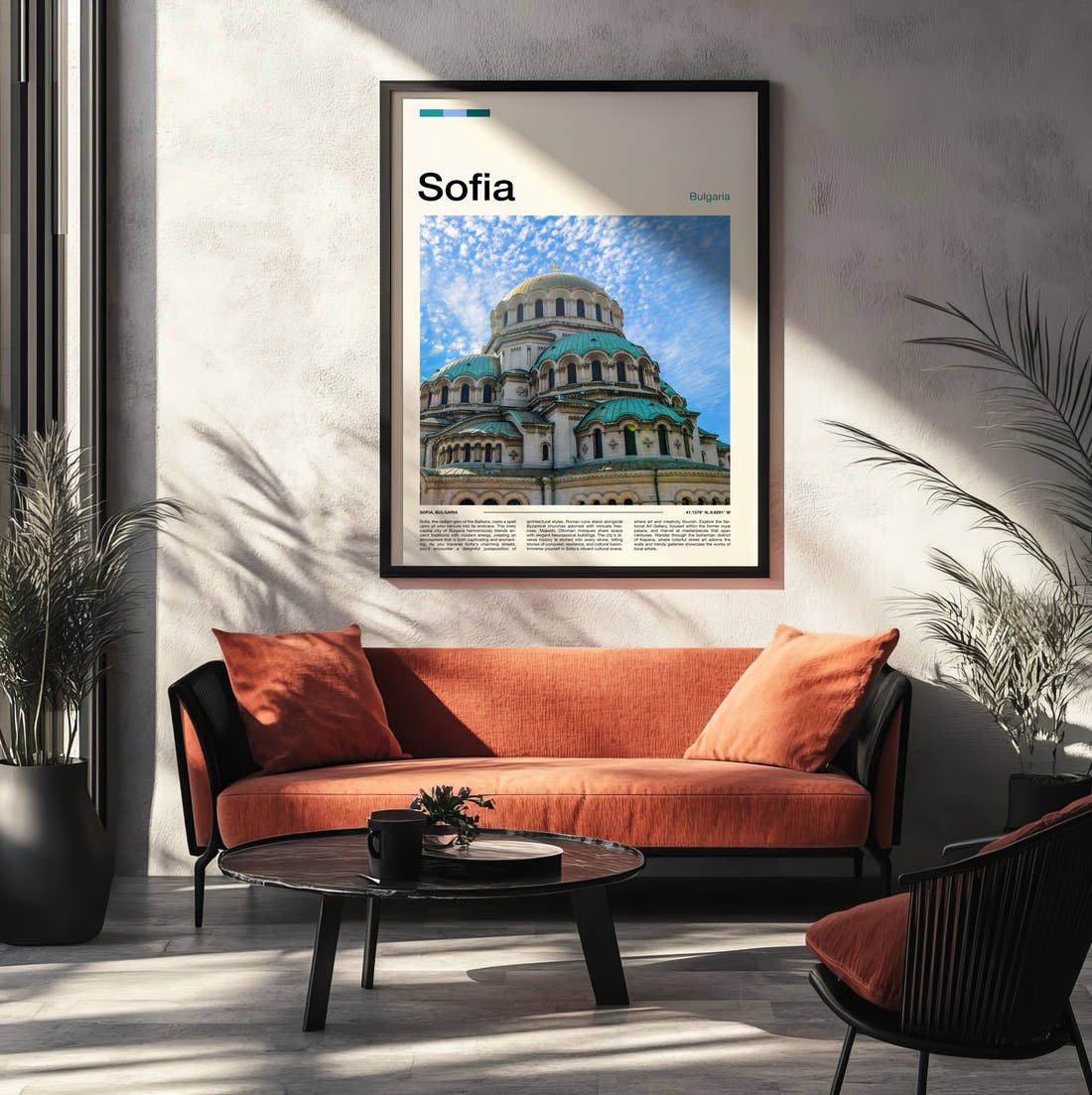 Sofia Alexander Nevsky Cathedral Travel Print framed on the wall of a modern living room