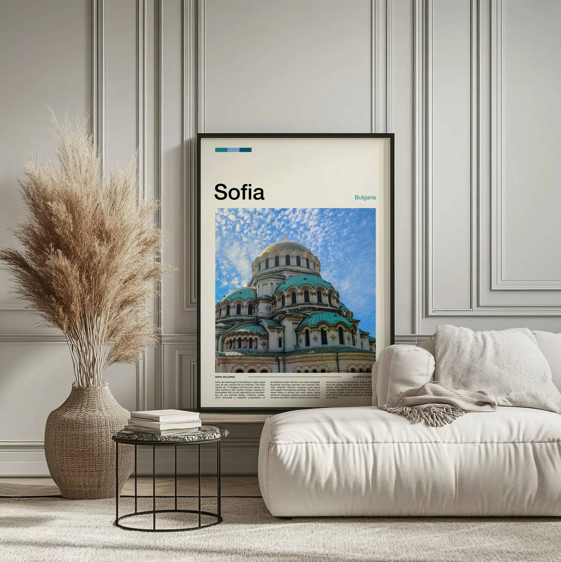 Sofia Alexander Nevsky Cathedral Travel Print framed on the wall of a calm, neutral bedroom
