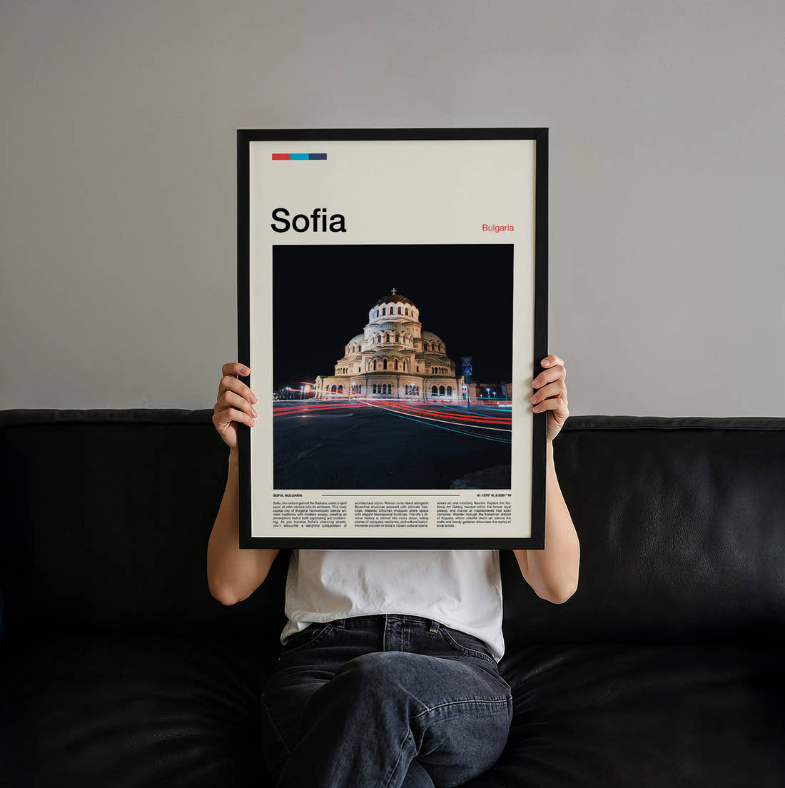 Sofia Cathedral At Night Travel Print held up by hand to show the size of the print