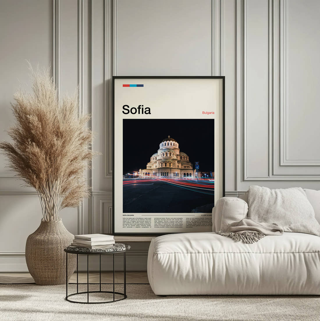 Sofia Cathedral At Night Travel Print framed on the wall of a calm, neutral bedroom