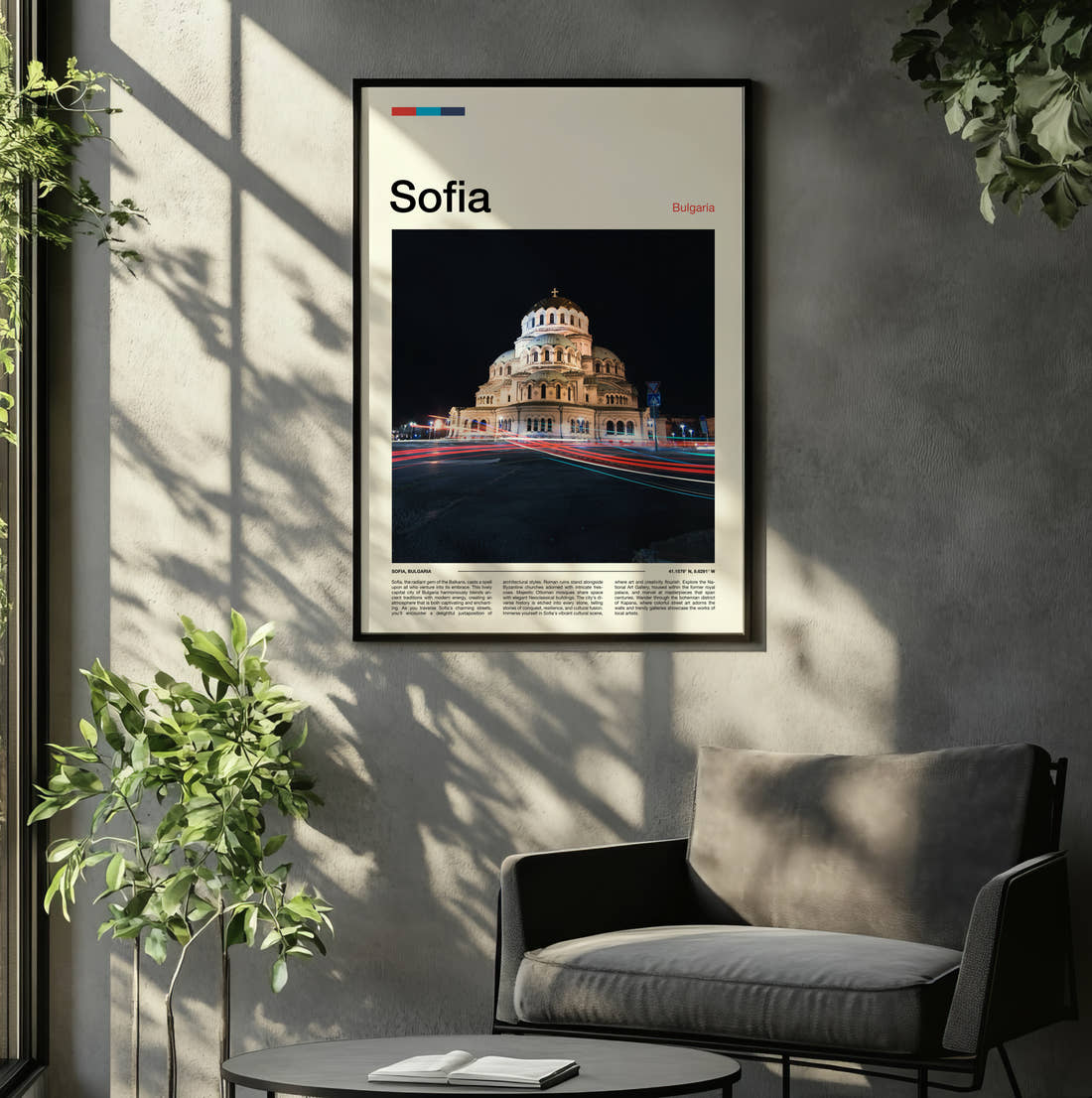 Sofia Cathedral At Night Travel Print framed on the wall of a relaxed living room