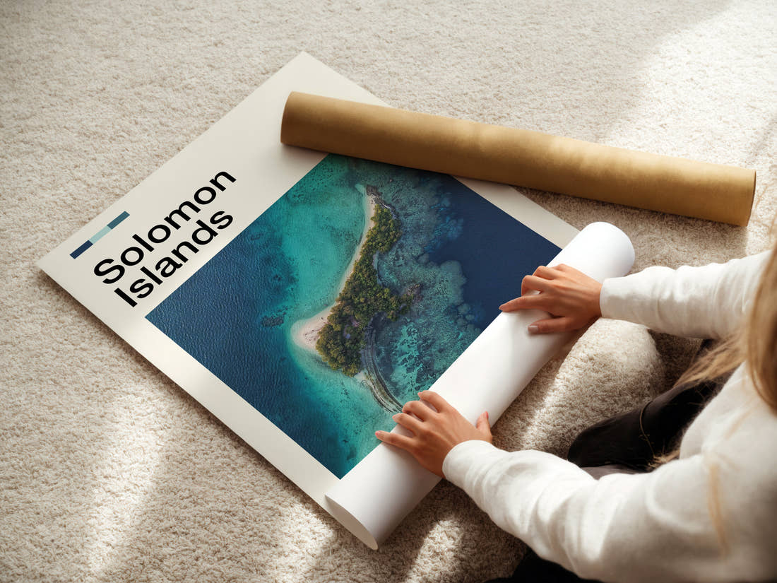 Solomon Islands Aerial Island View Travel Print being unrolled from its postal tube