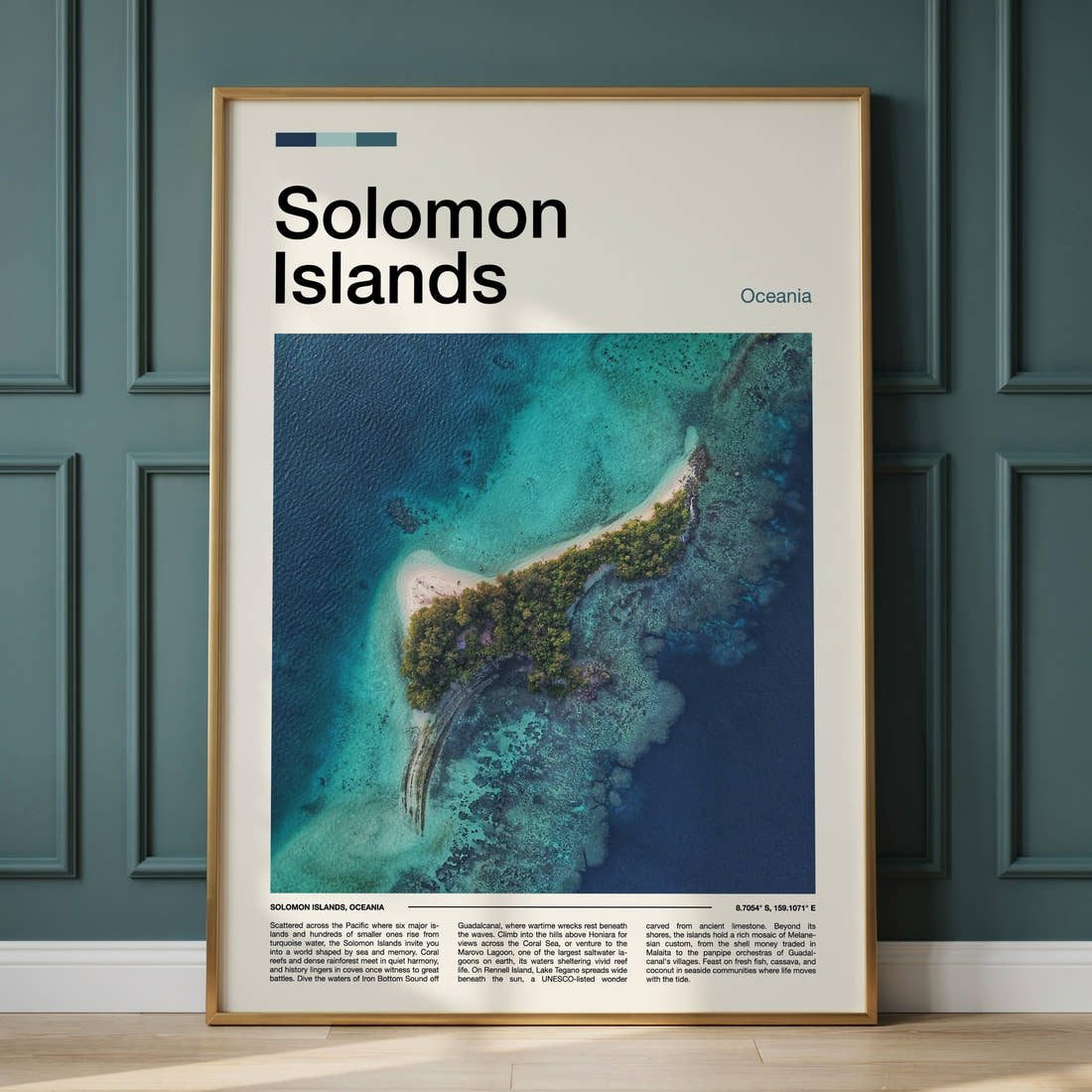Solomon Islands Aerial Island View Travel Print framed on the wall of a calm, neutral bedroom