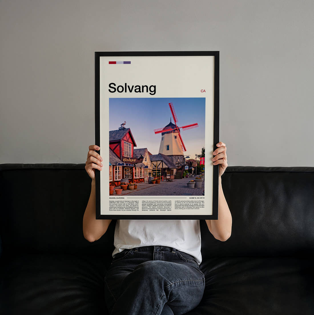 Solvang Danish Windmill Travel Print held up by hand to show the size of the print