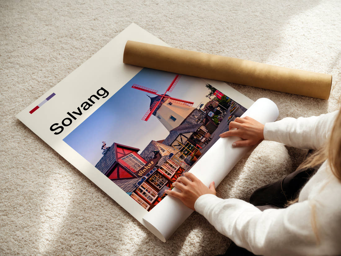 Solvang Danish Windmill Travel Print being unrolled from its postal tube