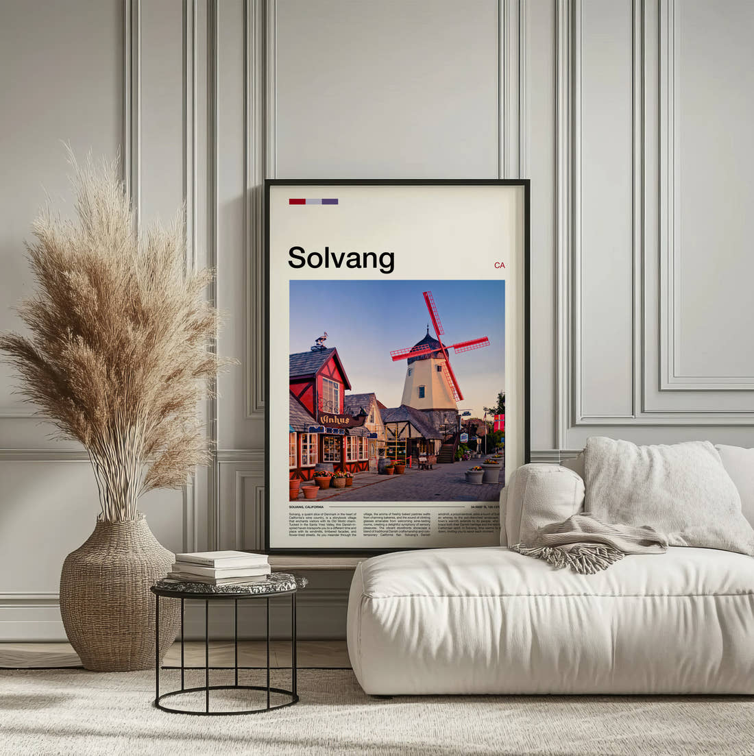 Solvang Danish Windmill Travel Print framed on the wall of a calm, neutral bedroom