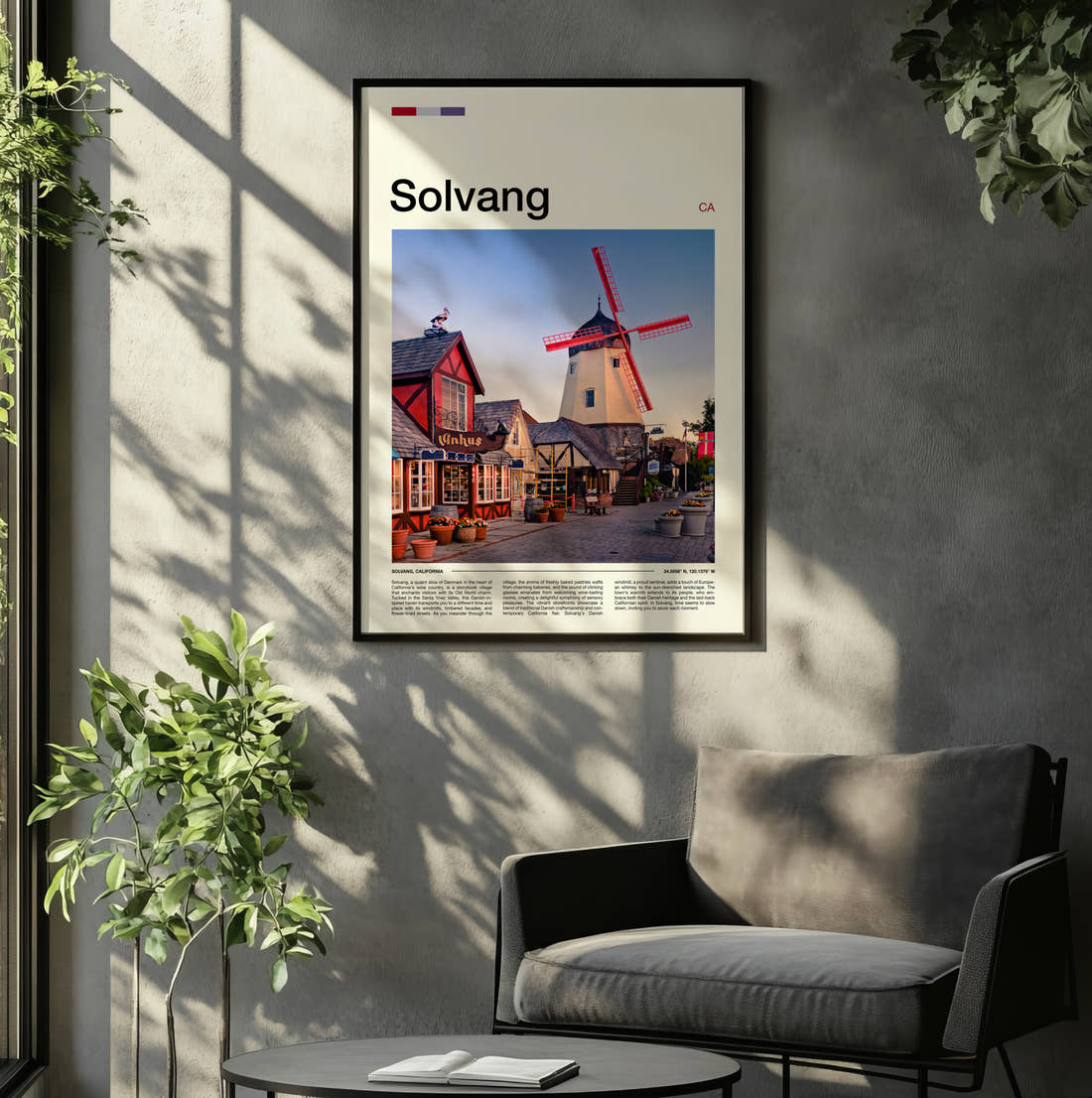 Solvang Danish Windmill Travel Print framed on the wall of a relaxed living room